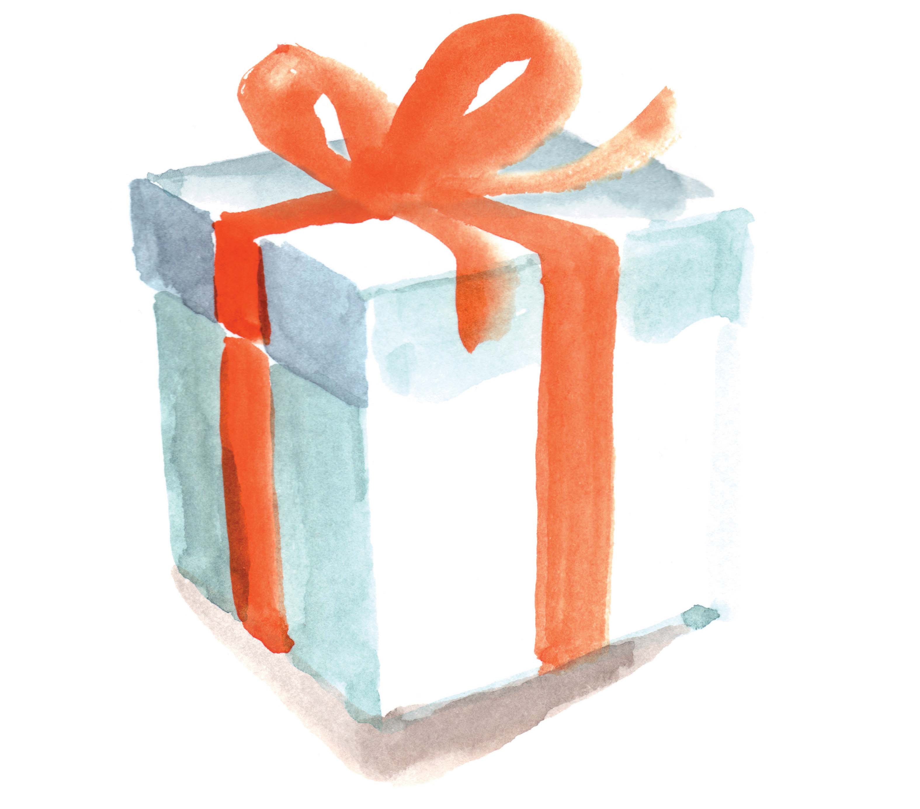 Ilustración de una caja blanca de regalo con un lazo naranja